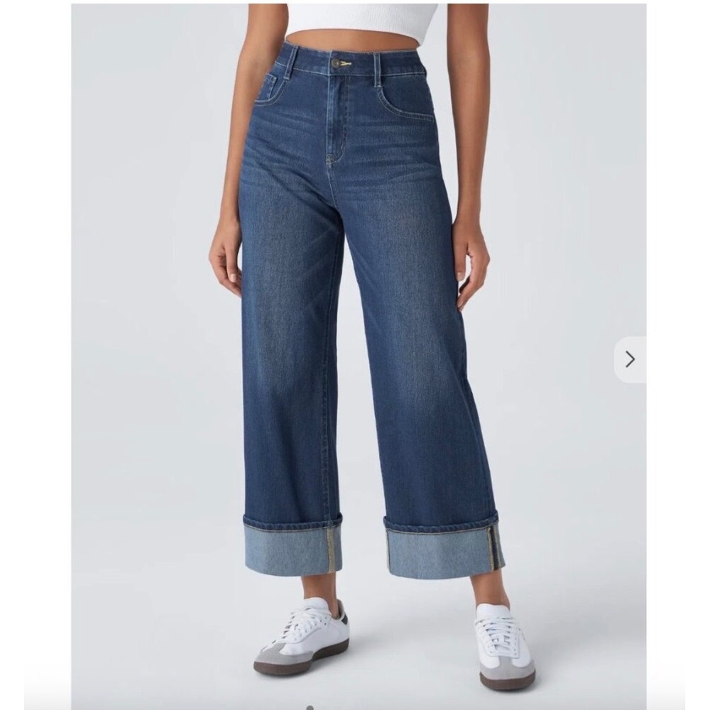 D6 Halara High Waisted Wide Leg Cuffed Jeans Dark Wash Blue Pockets Comfy Small
